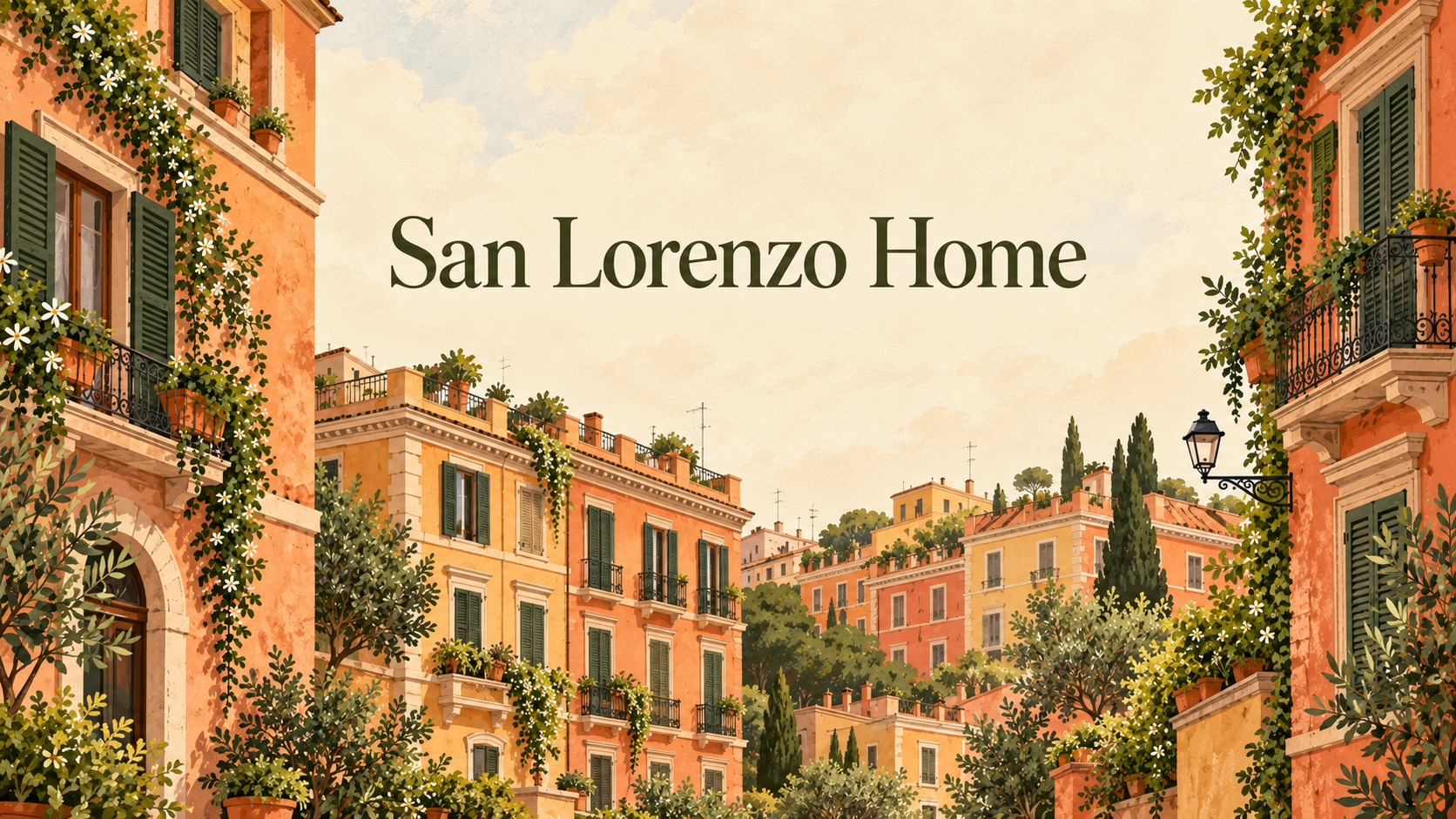 San Lorenzo Home, illustrazione di palazzi romani nei toni terracotta e verde oliva